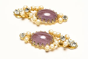 Vintage Schreiner NY Purple Cabochon Glass Pearl Long Earrings