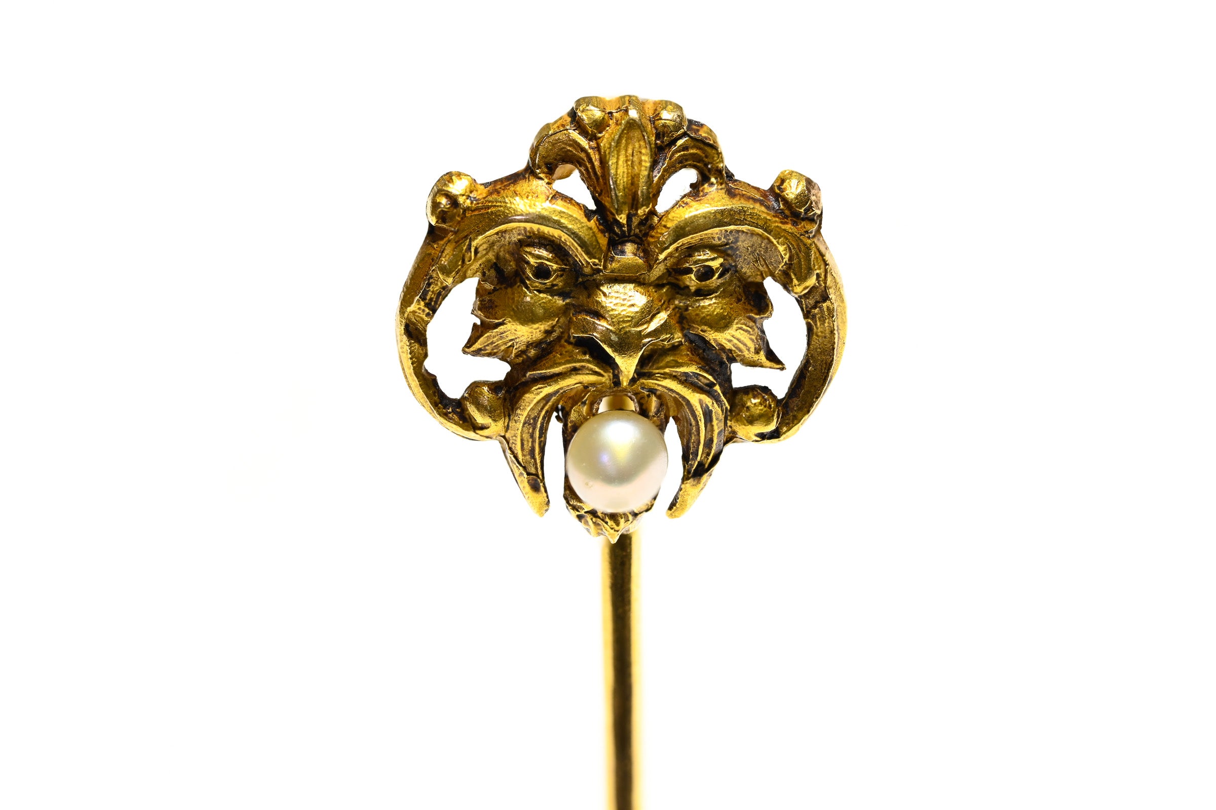 Art Nouveau 18K Gold Gargoyles Pearl stick Pin