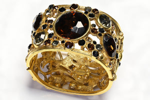 Vintage Barrera Wide Brown Crystal Flower Bangle Bracelet