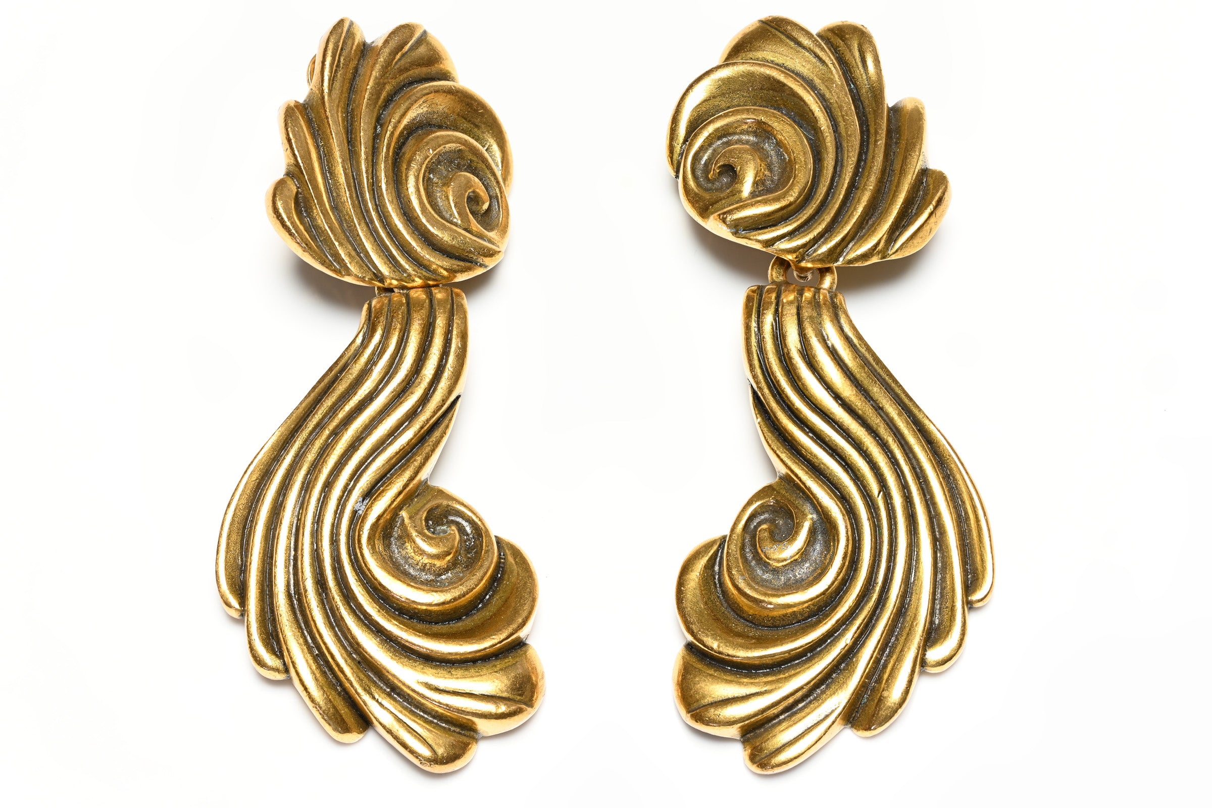 Oscar de la Renta Long Gold Plated Swirl Earrings