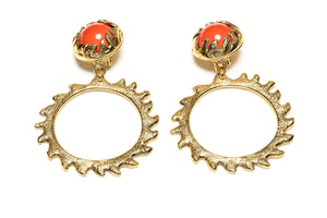 Vintage Yves Saint Laurent Paris Long Red Cabochon Glass Hoop Earrings