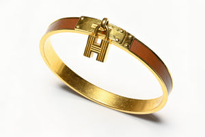 Hermes Paris Gold Plated Brown Leather H Cadena Bangle Bracelet