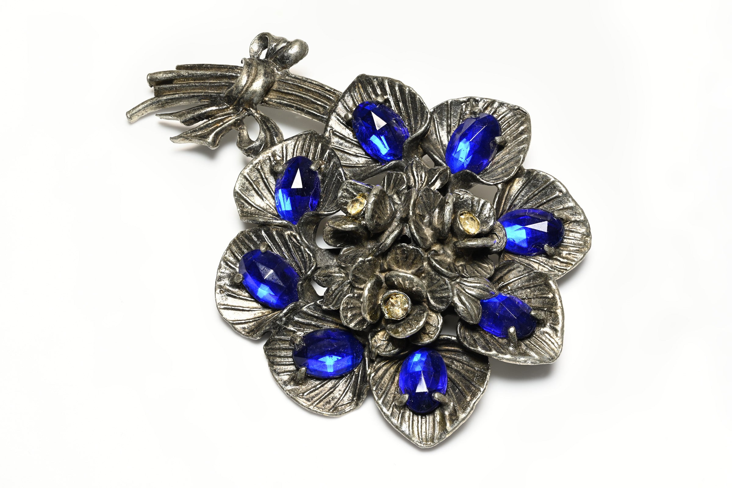 Vintage 1950's Large Blue Crystal Pot Metal Flower Bouquet Brooch