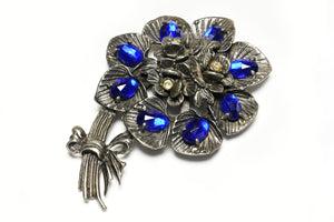 Vintage 1950's Large Blue Crystal Pot Metal Flower Bouquet Brooch