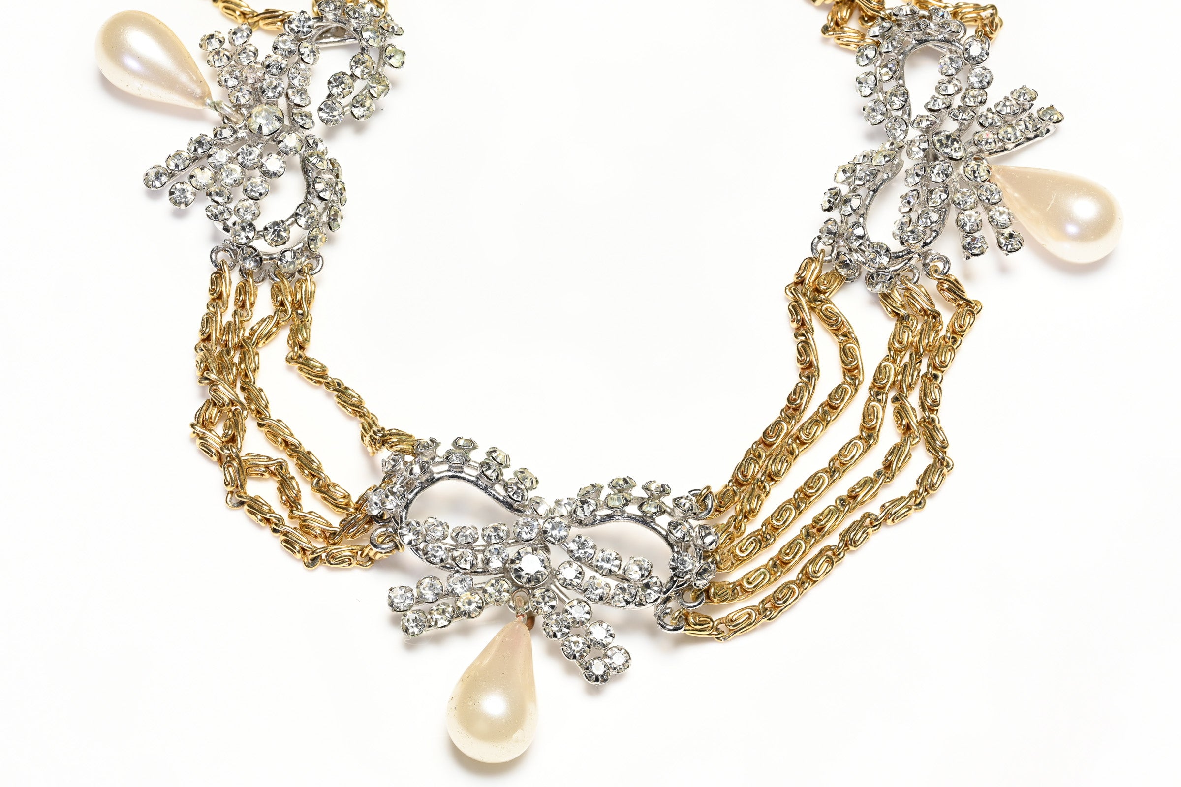 Vintage 1950's Christian Dior Couture Crystal Bow Pearl Collar Necklace