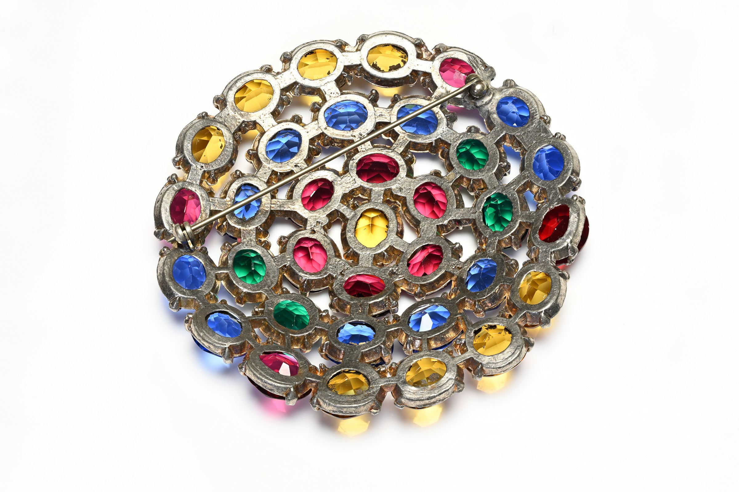 Vintage 1950's Large Blue Red Green Crystal Round Brooch