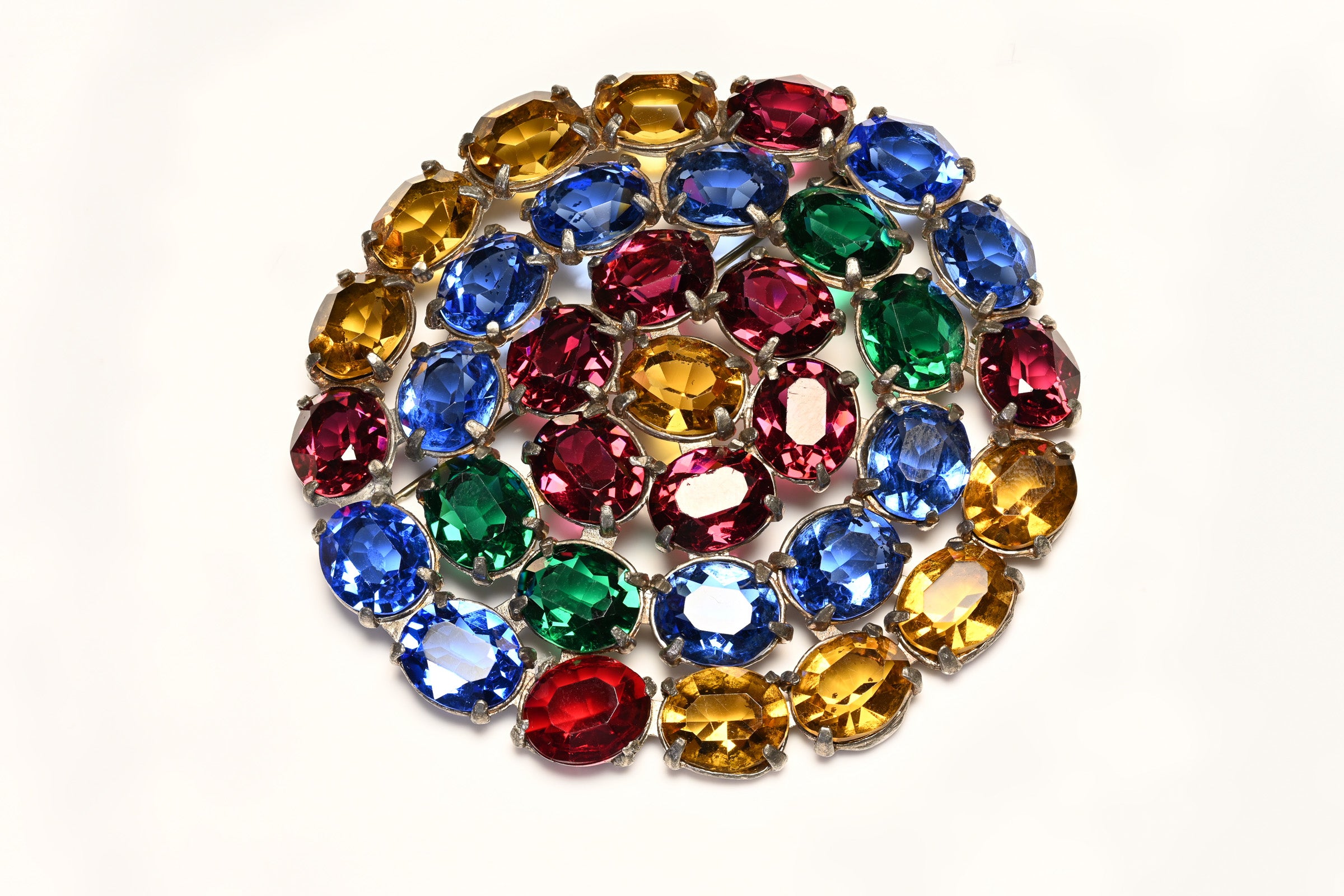 Vintage 1950's Large Blue Red Yellow Crystal Round Brooch