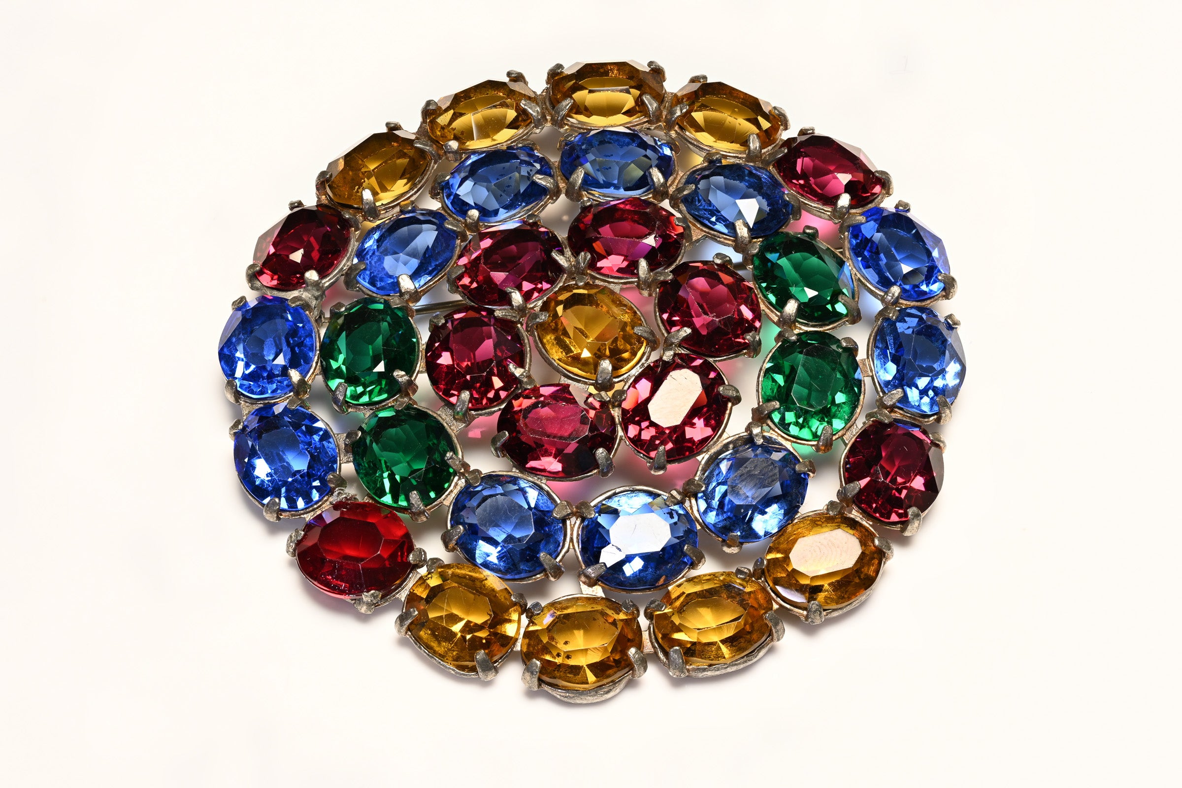 Vintage 1950's Large Blue Red Yellow Green Crystal Round Brooch