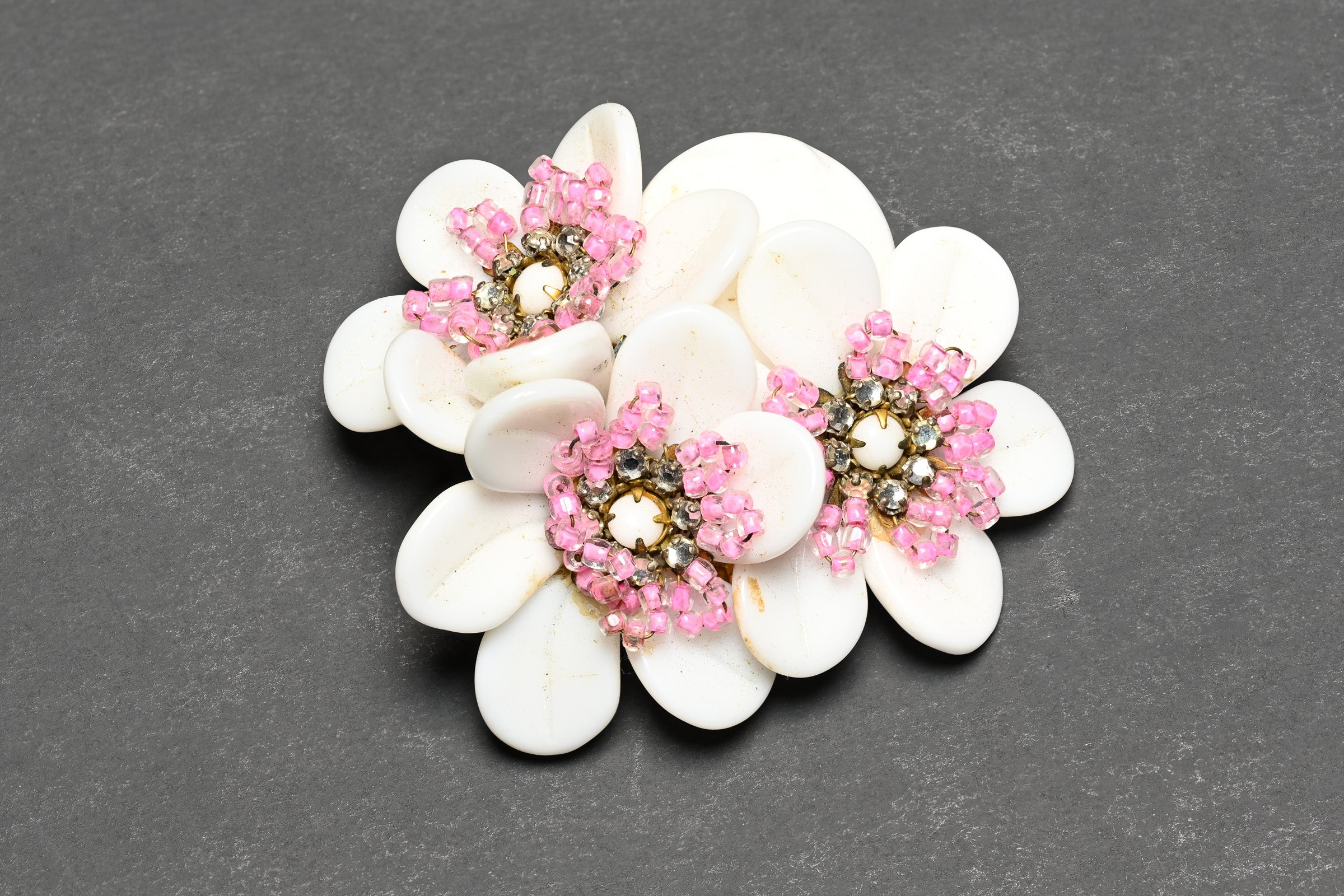 Vintage Miriam Haskell Pink White Flower Earrings Brooch Set