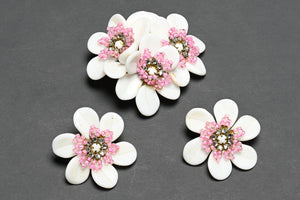 Vintage Miriam Haskell Pink White Glass Flower Earrings Brooch Set