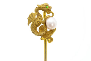 Victorian 14K Yellow Gold Pearl Demantoid Griffin Stick Pin