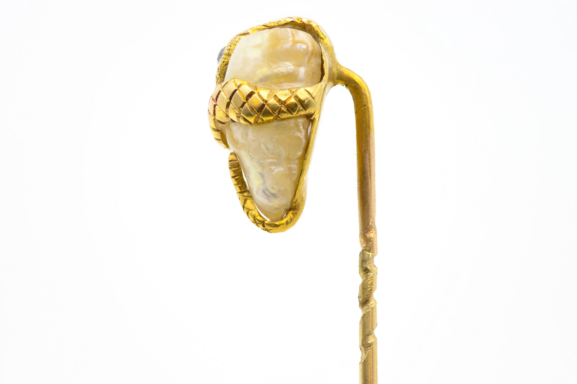 Victorian 14K Yellow Gold Snake Pearl Diamond Stick Pin