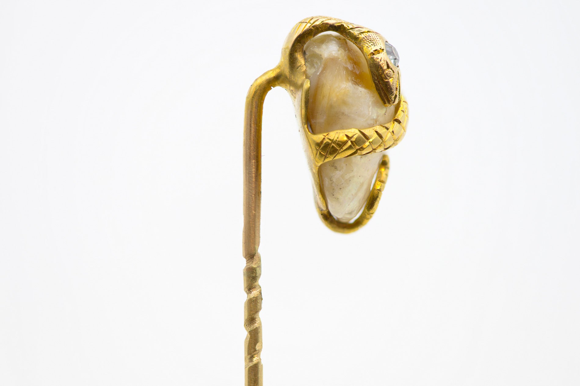 Victorian 14K Yellow Gold Snake Pearl Diamond Stick Pin