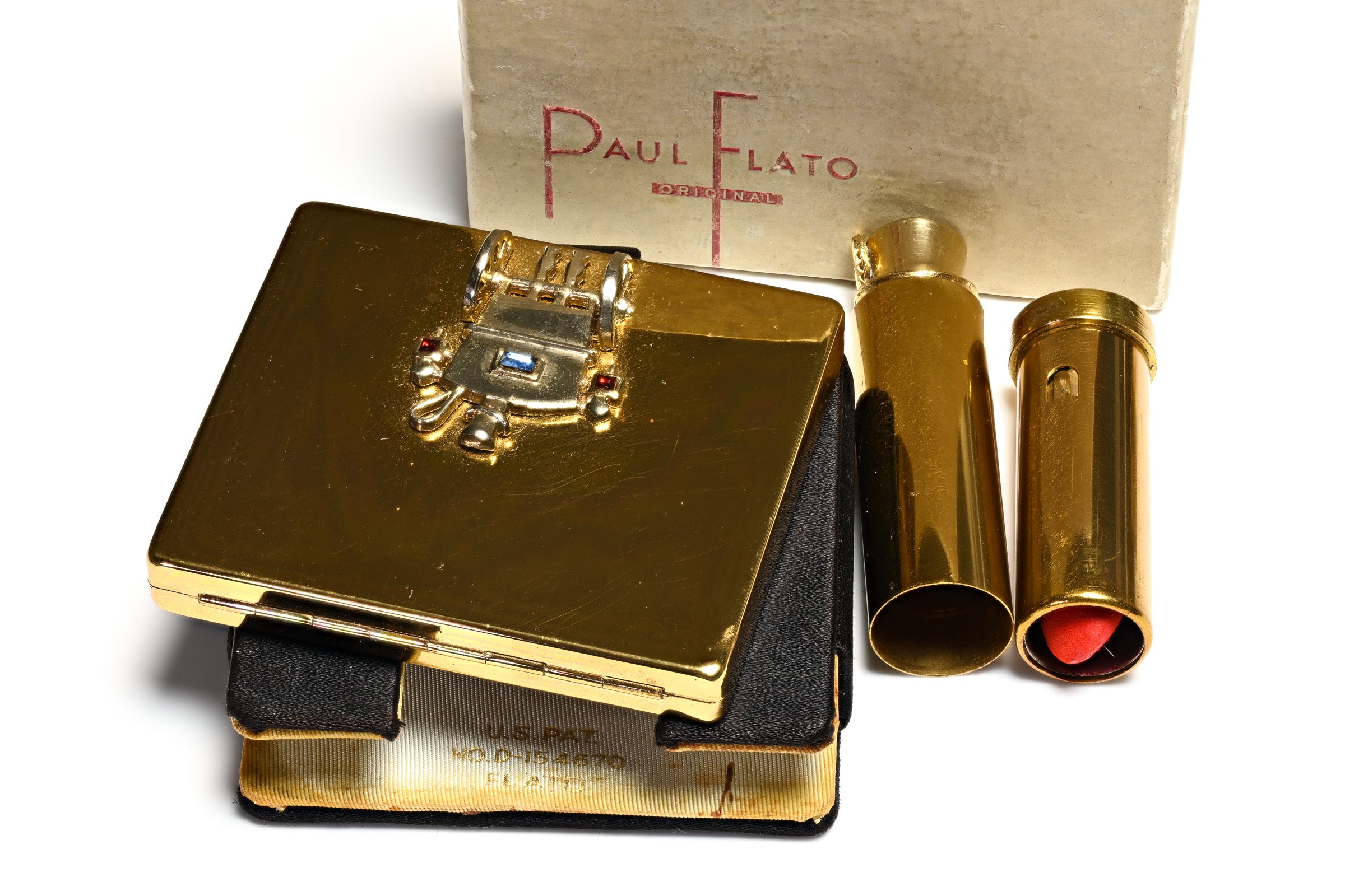 Paul Flato Stage Coach Gold Plated Powder Compact and Lipstick
