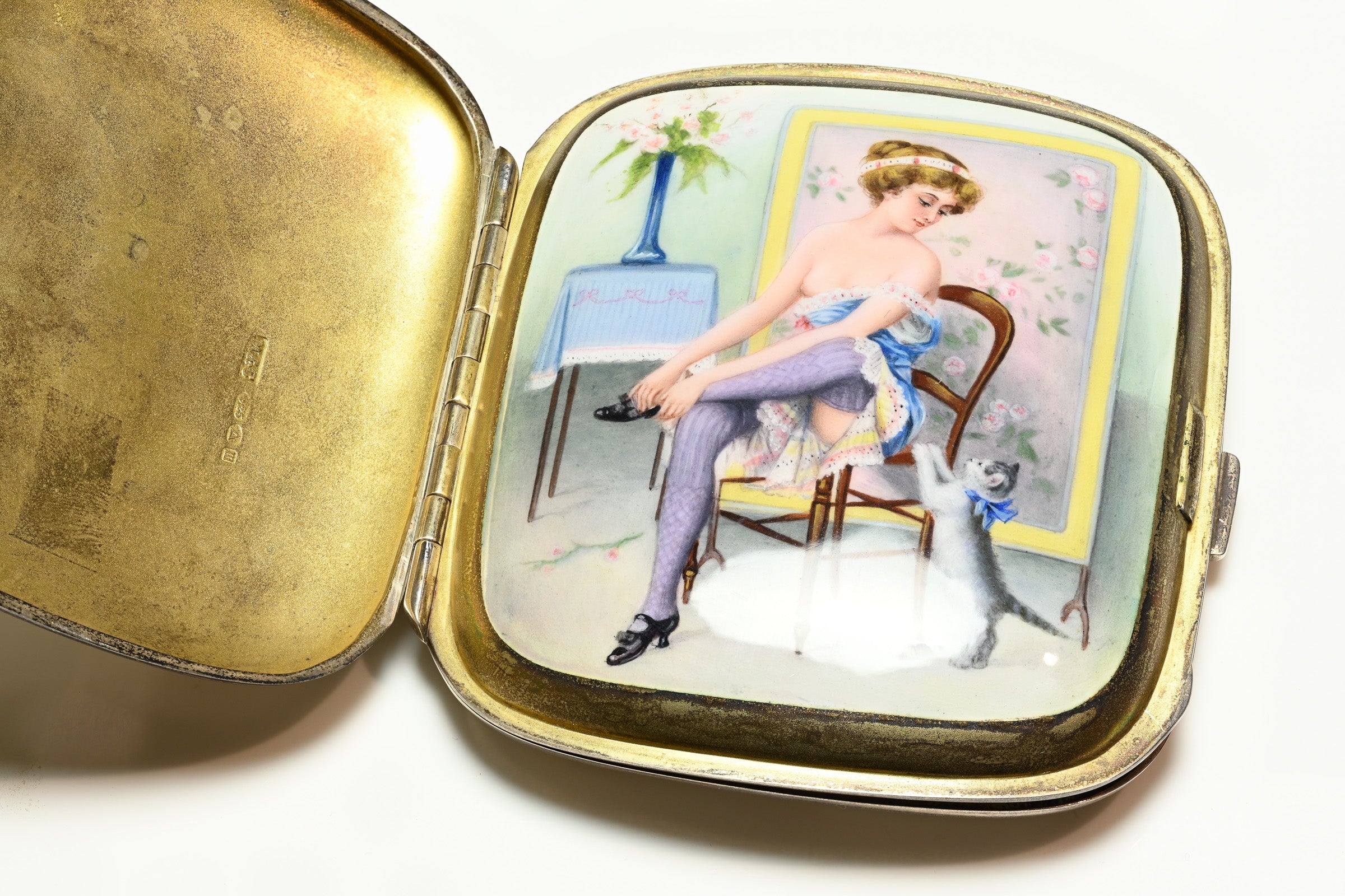 Antique Erotic Nude Enamel Silver Case: Hidden Mistress with Lady and Cat