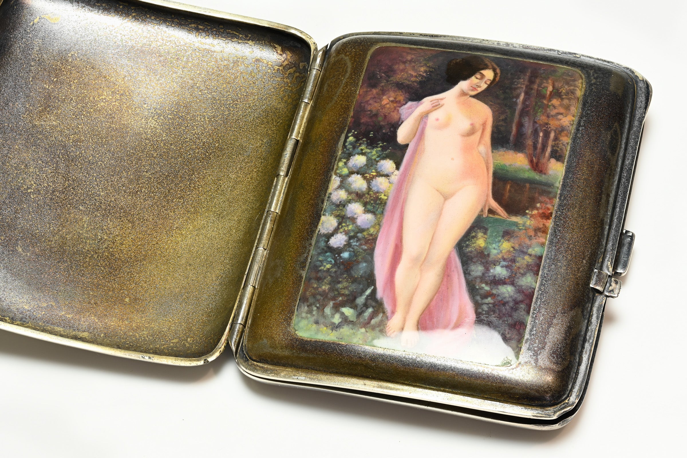 Antique Erotic Nude Enamel Silver Case: Hidden Mistress Design