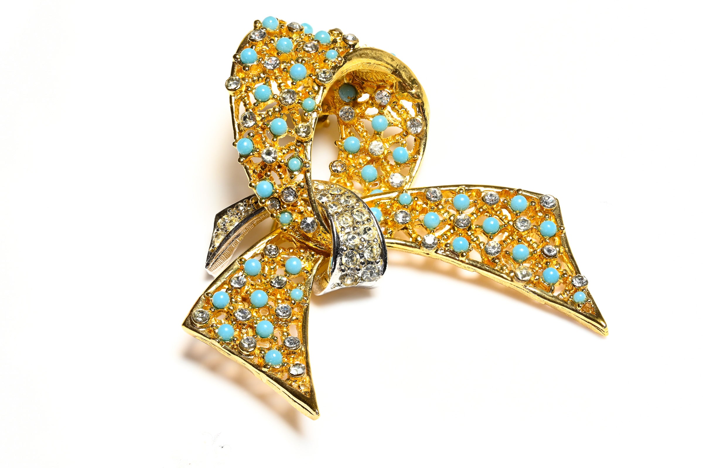 Vintage Marcel Boucher Faux Turquoise Crystal Bow Brooch