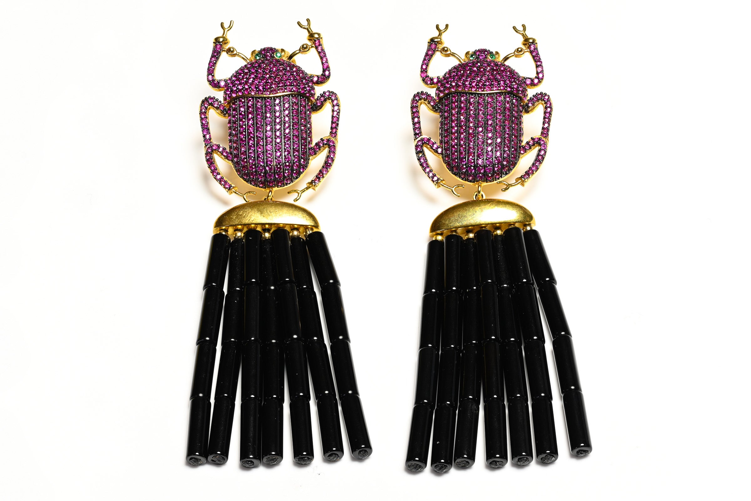 Begum Khan Pink Scarab Black Tassel Long Earrings