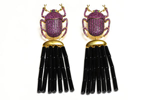 Begum Khan Pink Scarab Black Tassel Long Earrings
