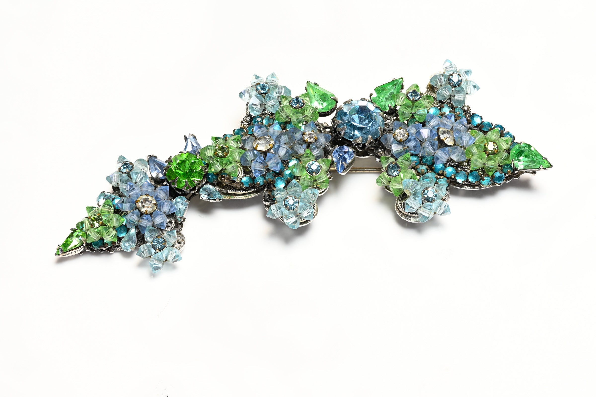 Vintage 1950's Eugene Green Blue Crystal Beads Flower Brooch