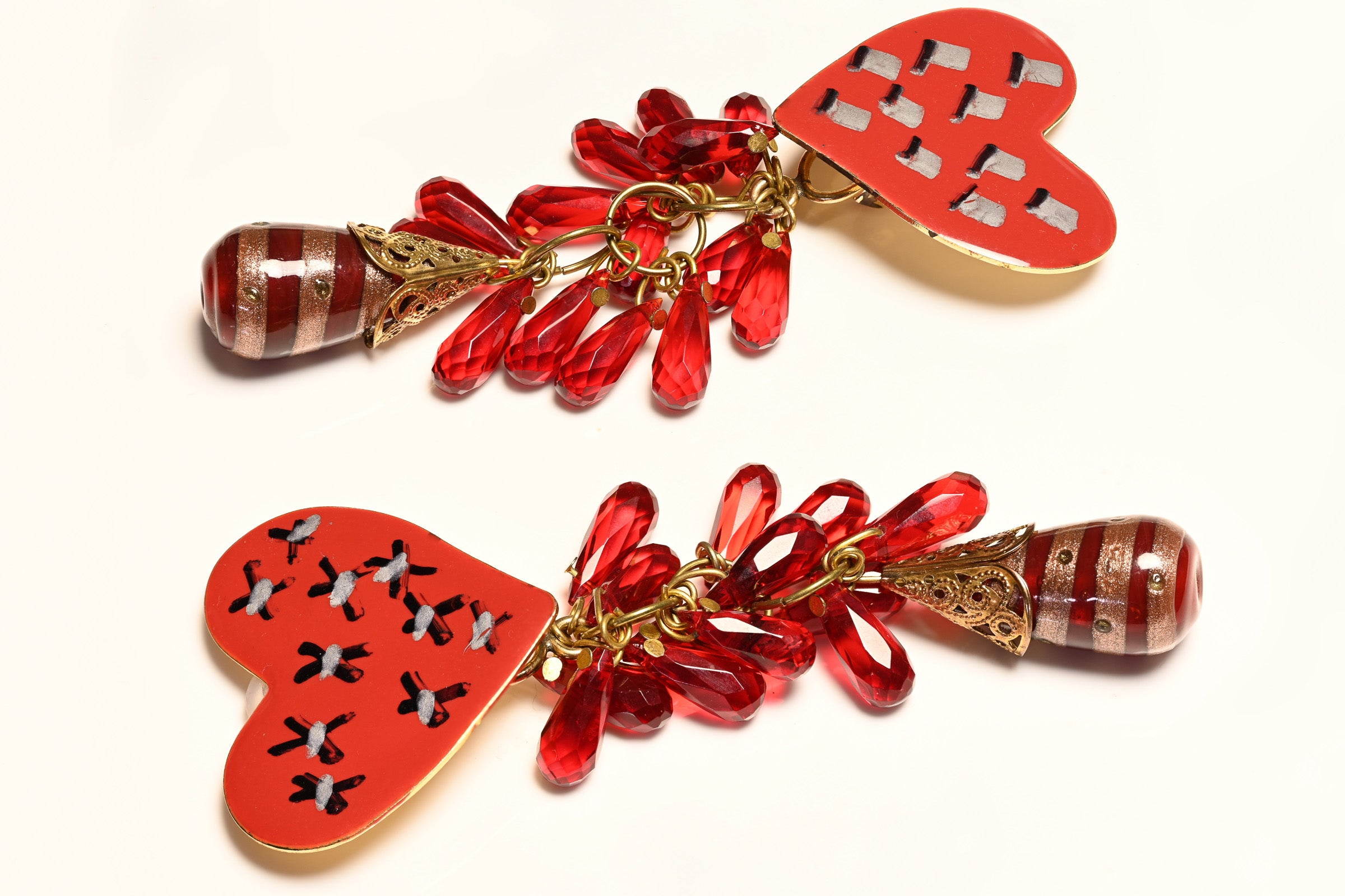 Vintage Escada Long Red Enamel Glass Beads Heart Tassel Earrings