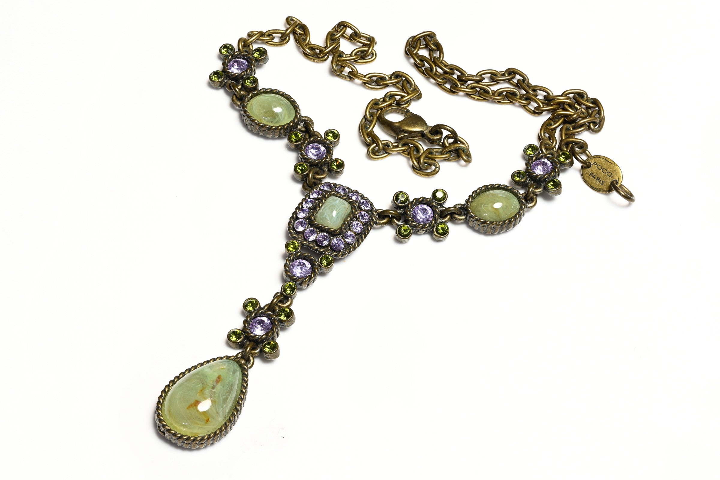 Poggi Paris Green Poured Glass Purple Crystal Necklace