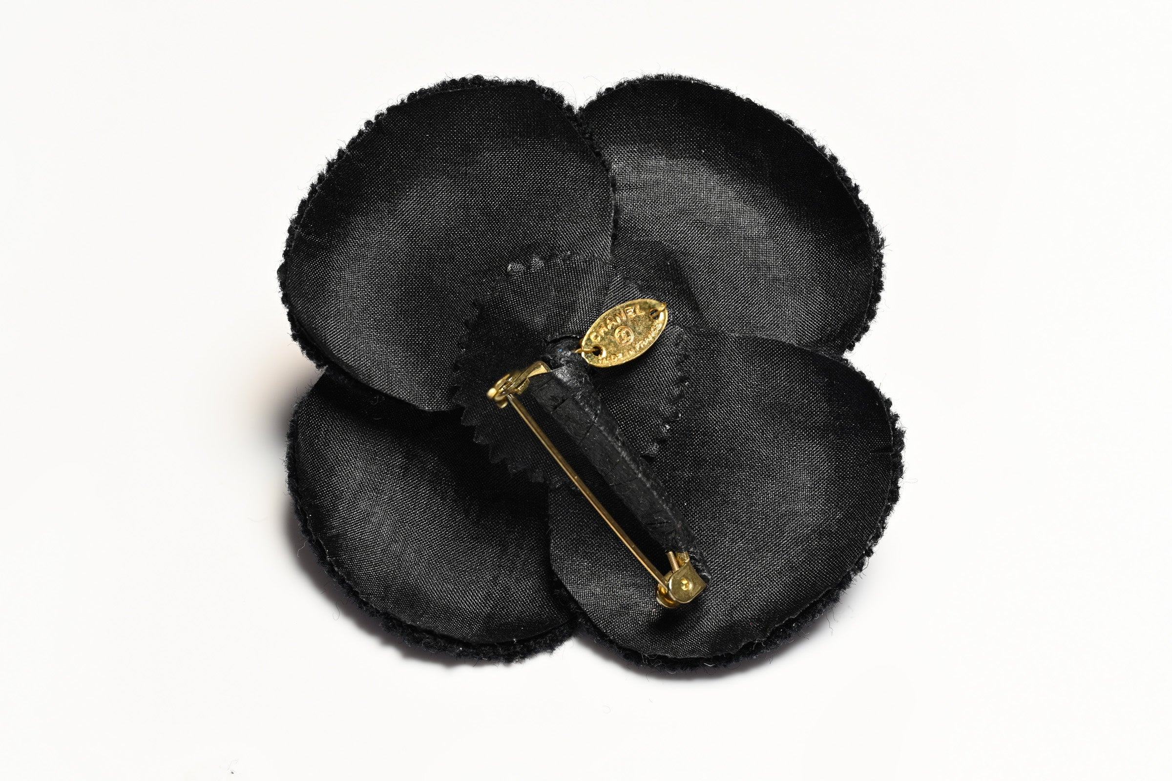 Vintage Chanel Black Fabric Camellia Flower Brooch