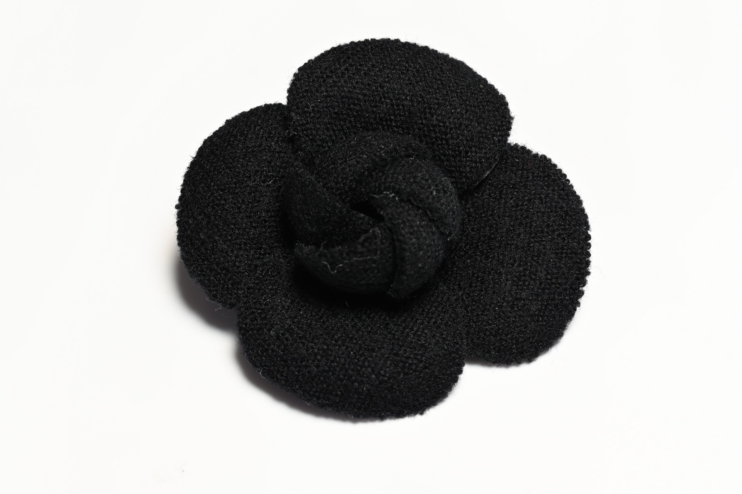 Vintage Chanel Paris Black Fabric Camellia Flower Brooch