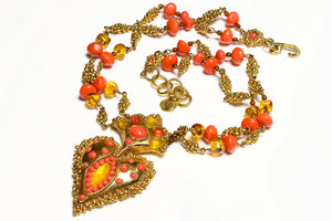 Vintage Christian Lacroix Couture Orange Glass Beads Heart Necklace