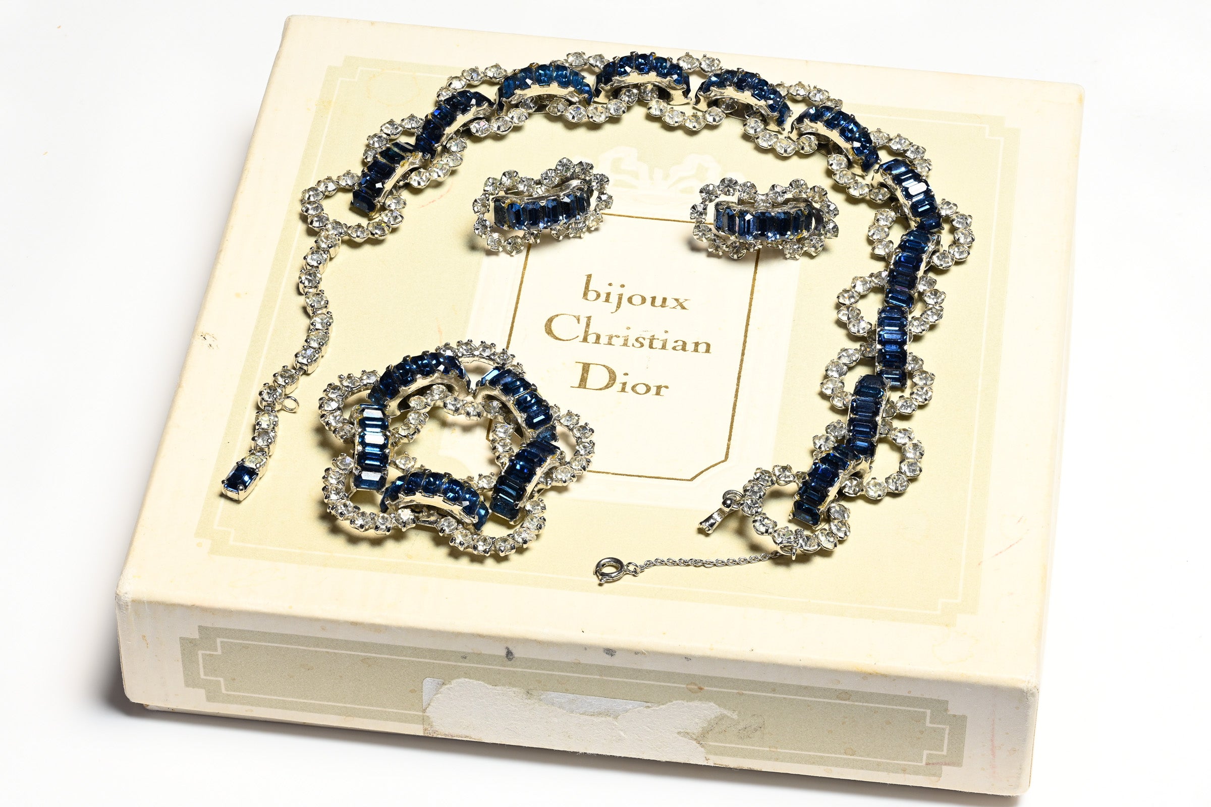 Christian Dior 1950's Mitchel Maer Blue Crystal Necklace Earrings Brooch Set