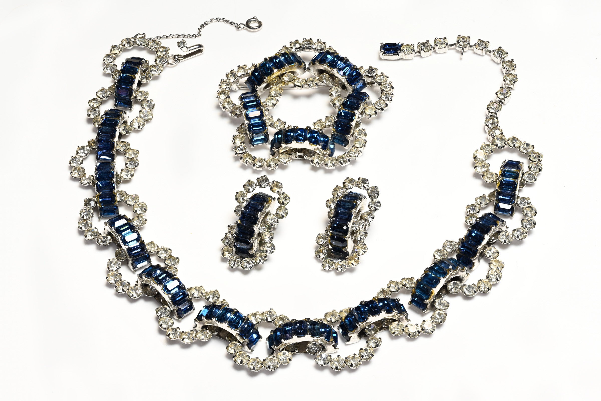 Christian Dior by Mitchel Maer Blue Crystal Necklace Earrings Brooch Set