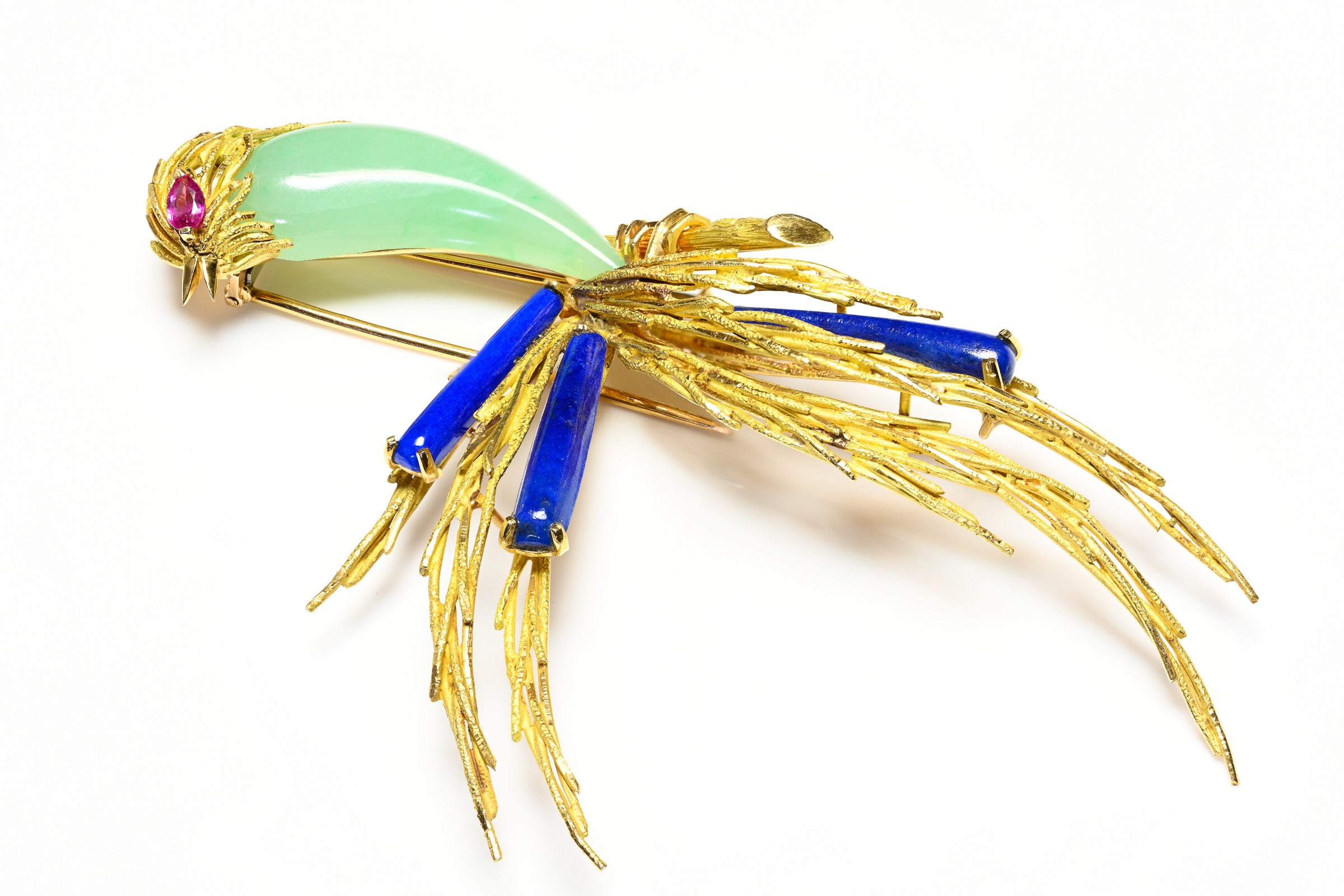 French 18K Gold Bird of Paradise Brooch with Green Agate, Lapis Ruby