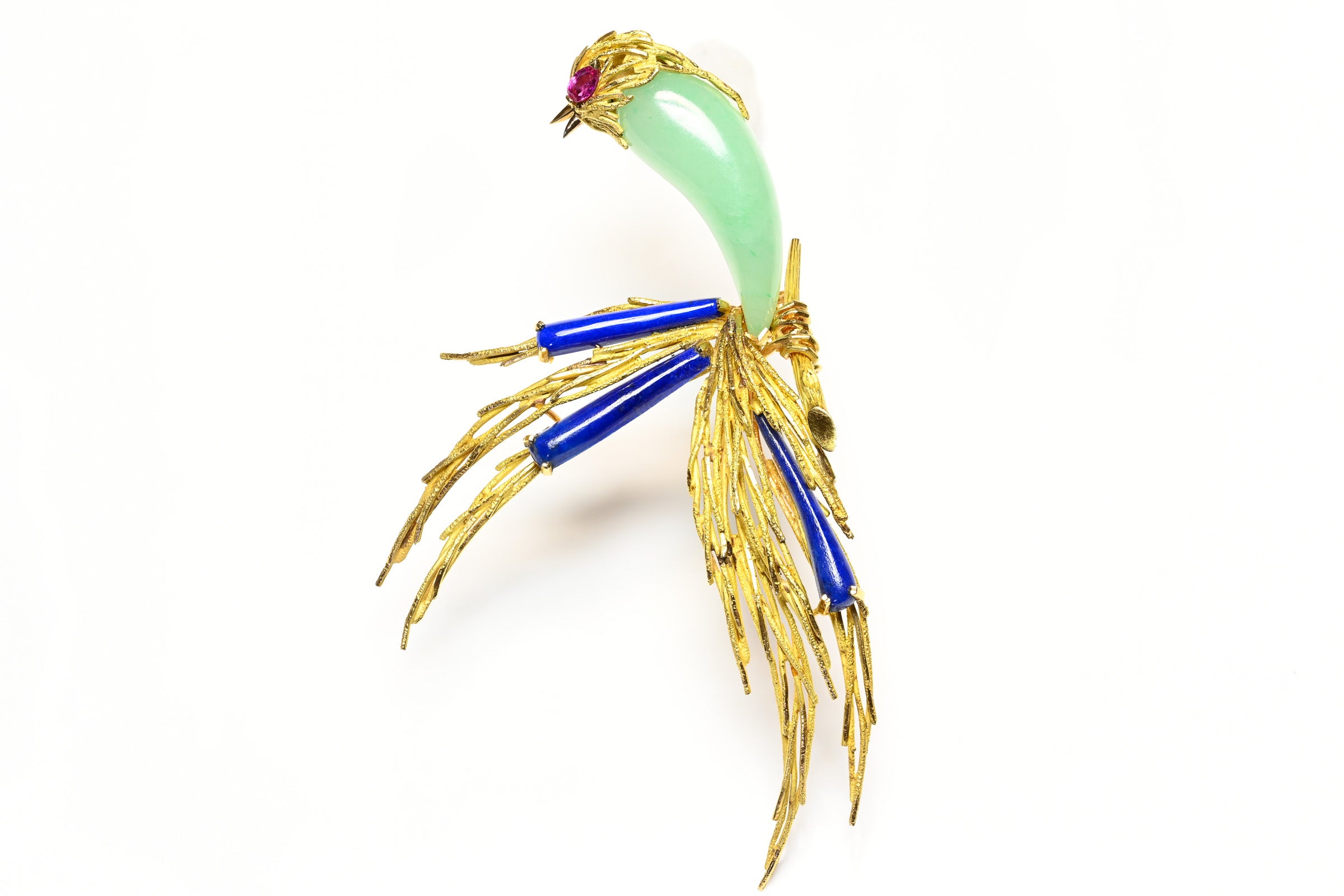 French 18K Gold Bird of Paradise Brooch with Agate, Lapis, and Ruby