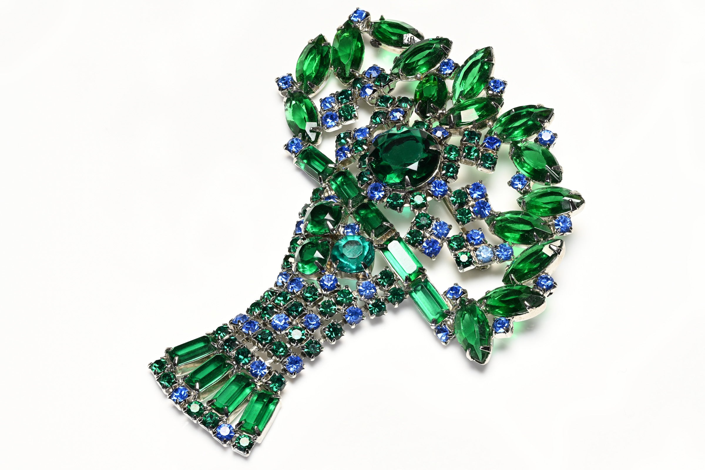 Vintage 1960's Large Green Blue Crystal Flower Basket Brooch