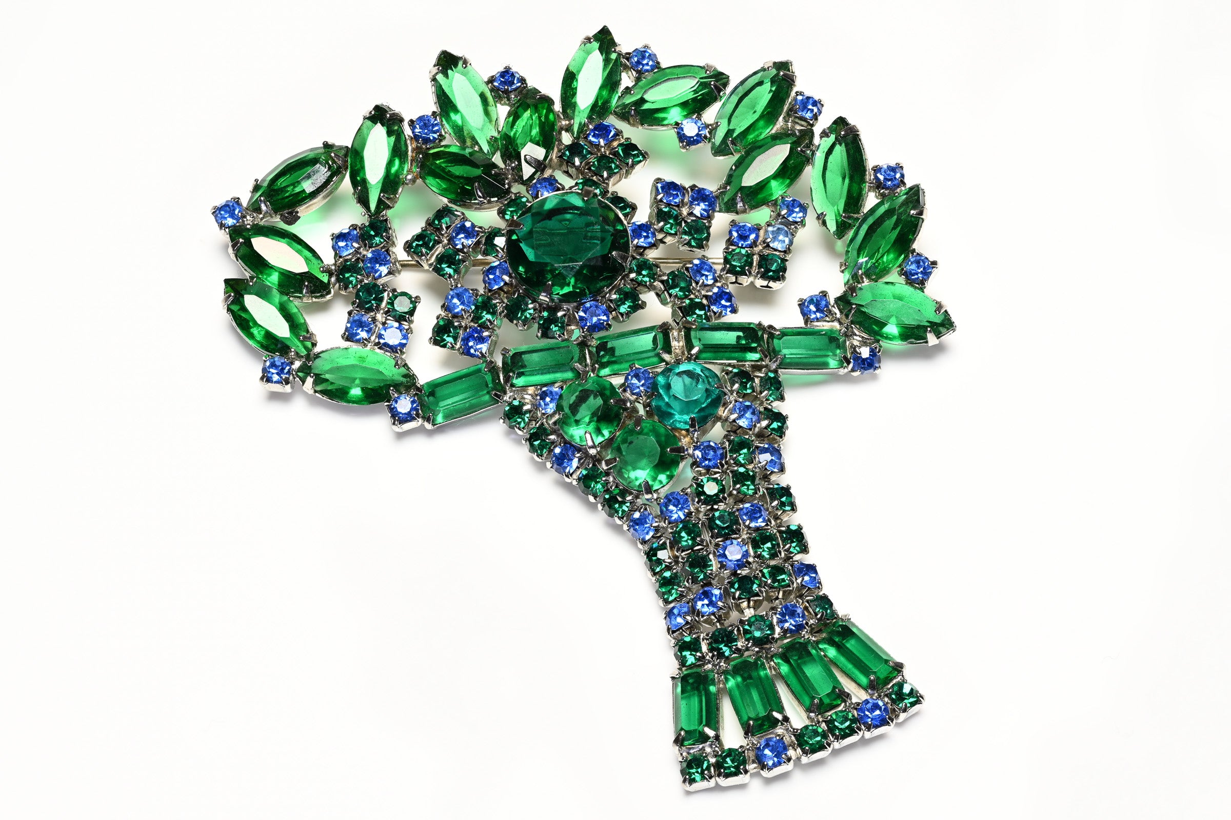 Vintage 1960's Large Green Blue Crystal Flower Brooch