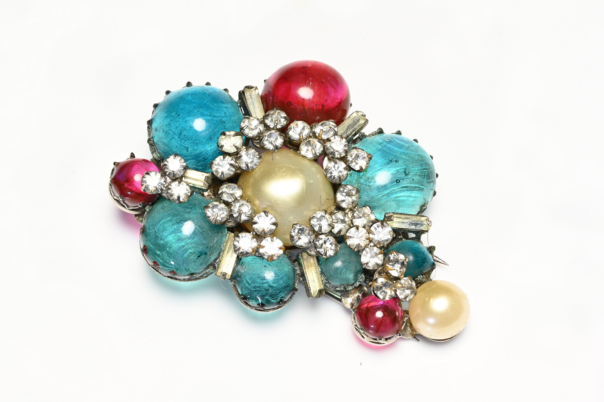 Vintage Roger Jean-Pierre Paris Blue Red Glass Pearl Brooch