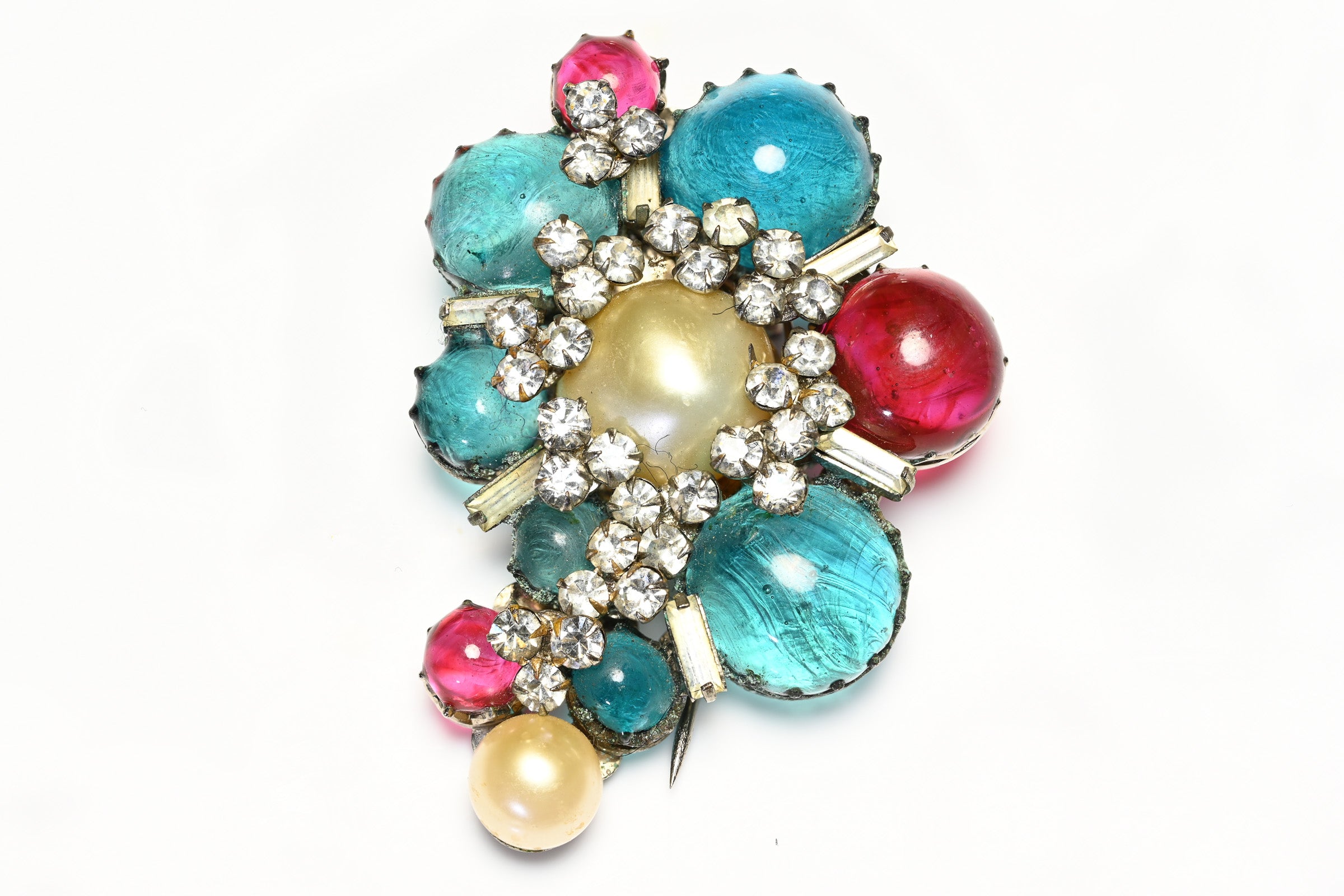 Vintage 1950's Roger Jean-Pierre Paris Blue Red Glass Pearl Brooch