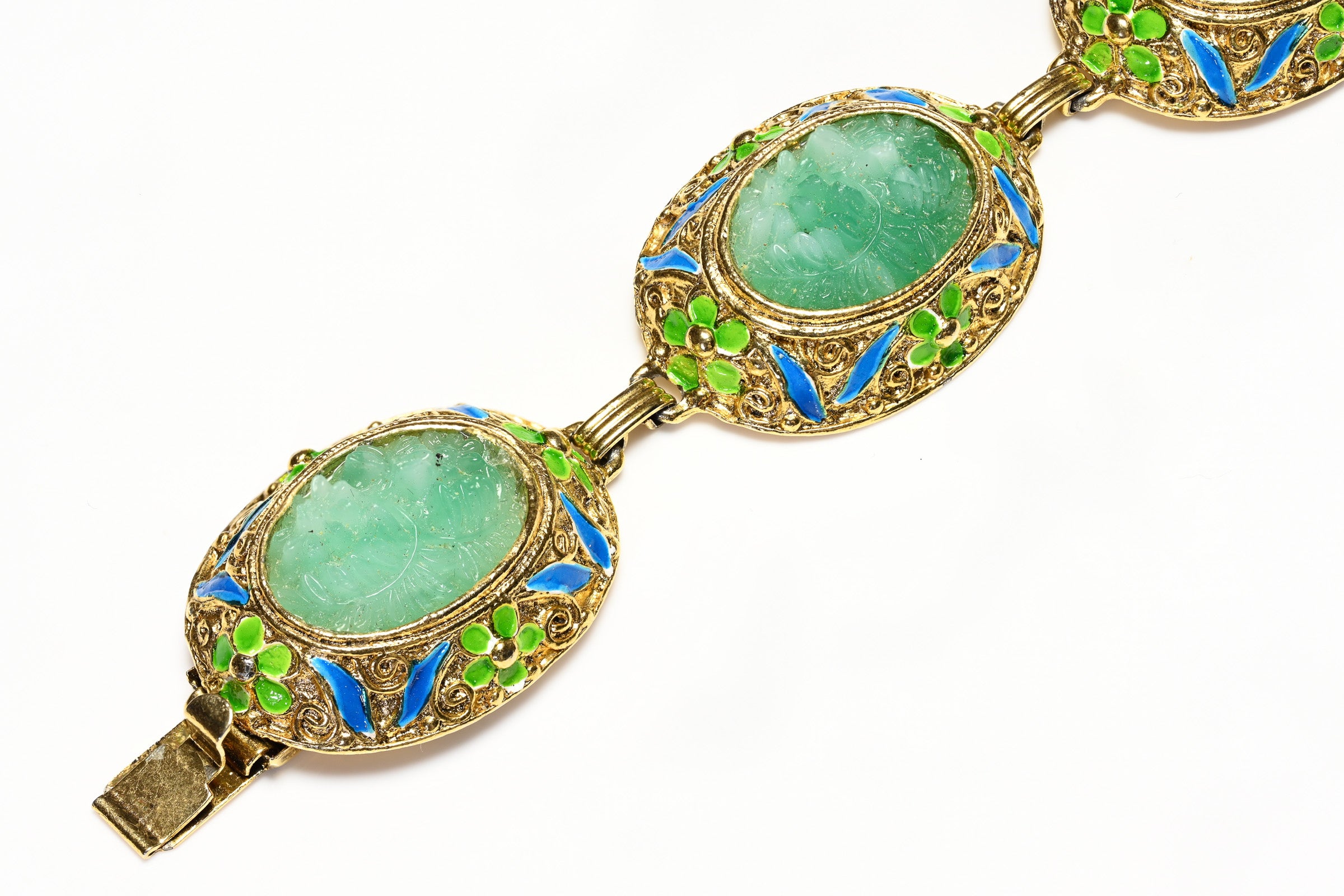 Vintage Hobe Asian Style Green Blue Carved Resin Enamel Bracelet Earrings Set