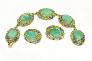 Vintage Hobe Asian Style Green Carved Resin Blue Enamel Bracelet Earrings Set