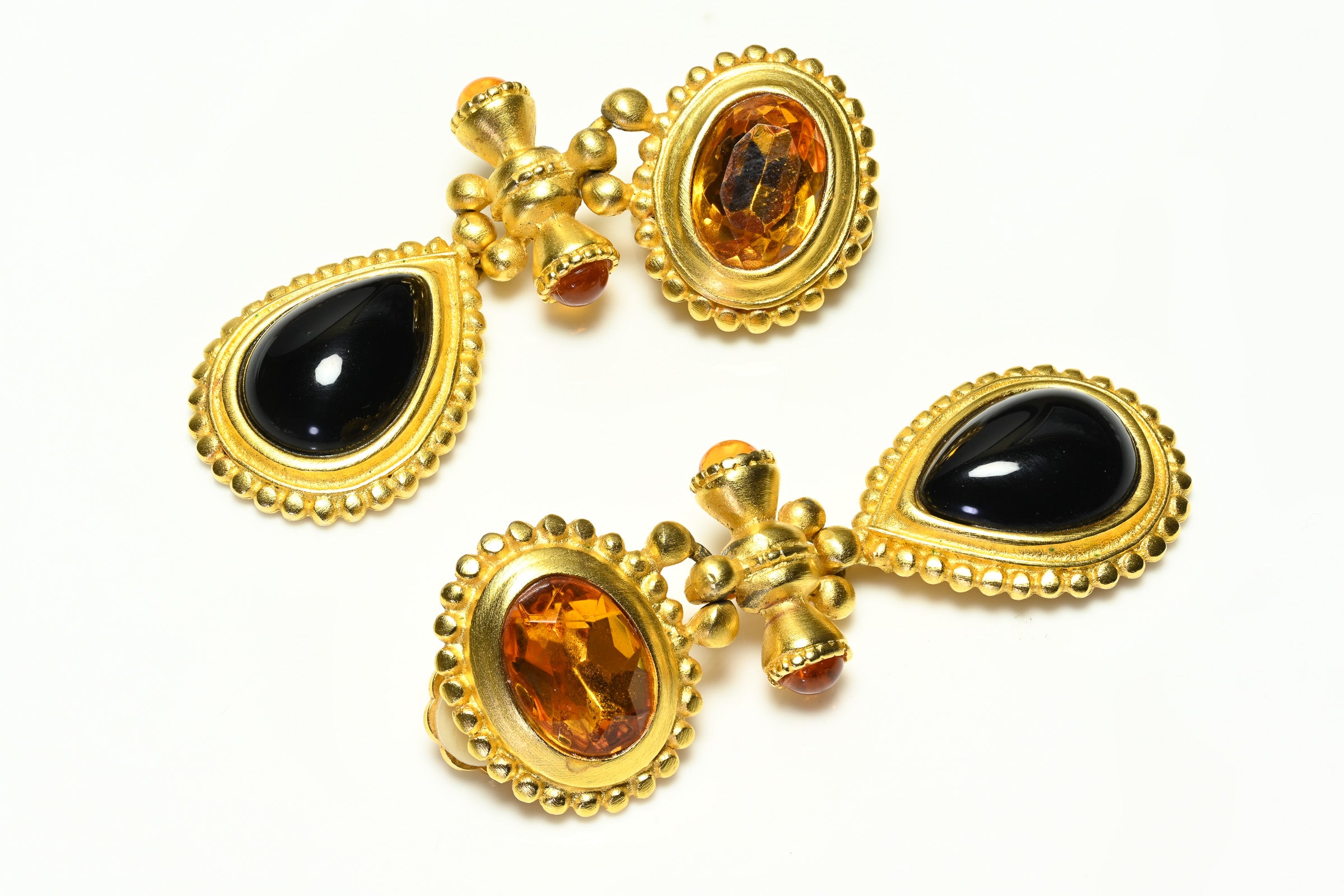 Vintage 1990's Gold Plated Brown Black Crystal Drop Earrings