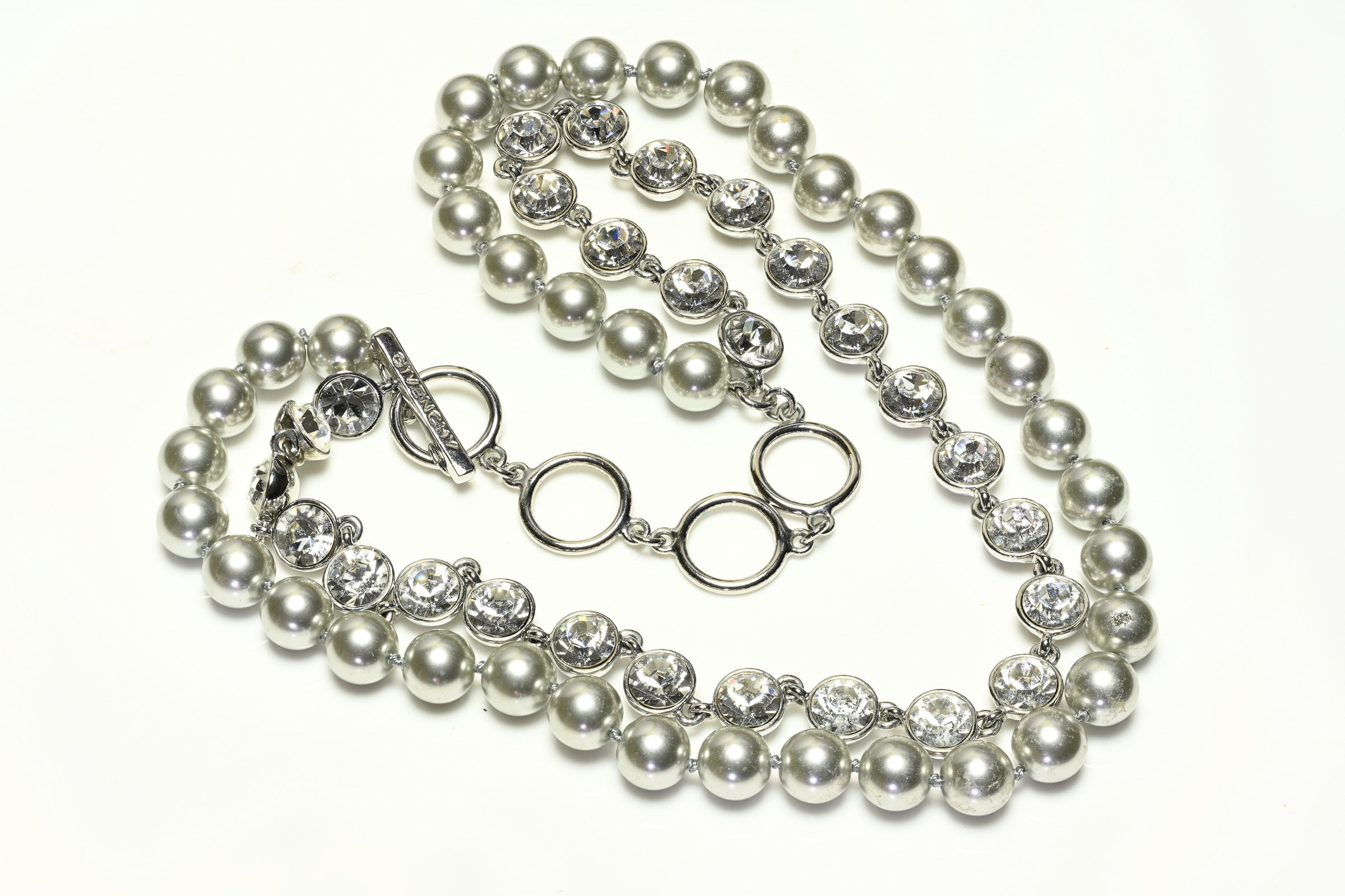 Vintage Givenchy Paris Gray Crystal Glass Pearls Double Necklace