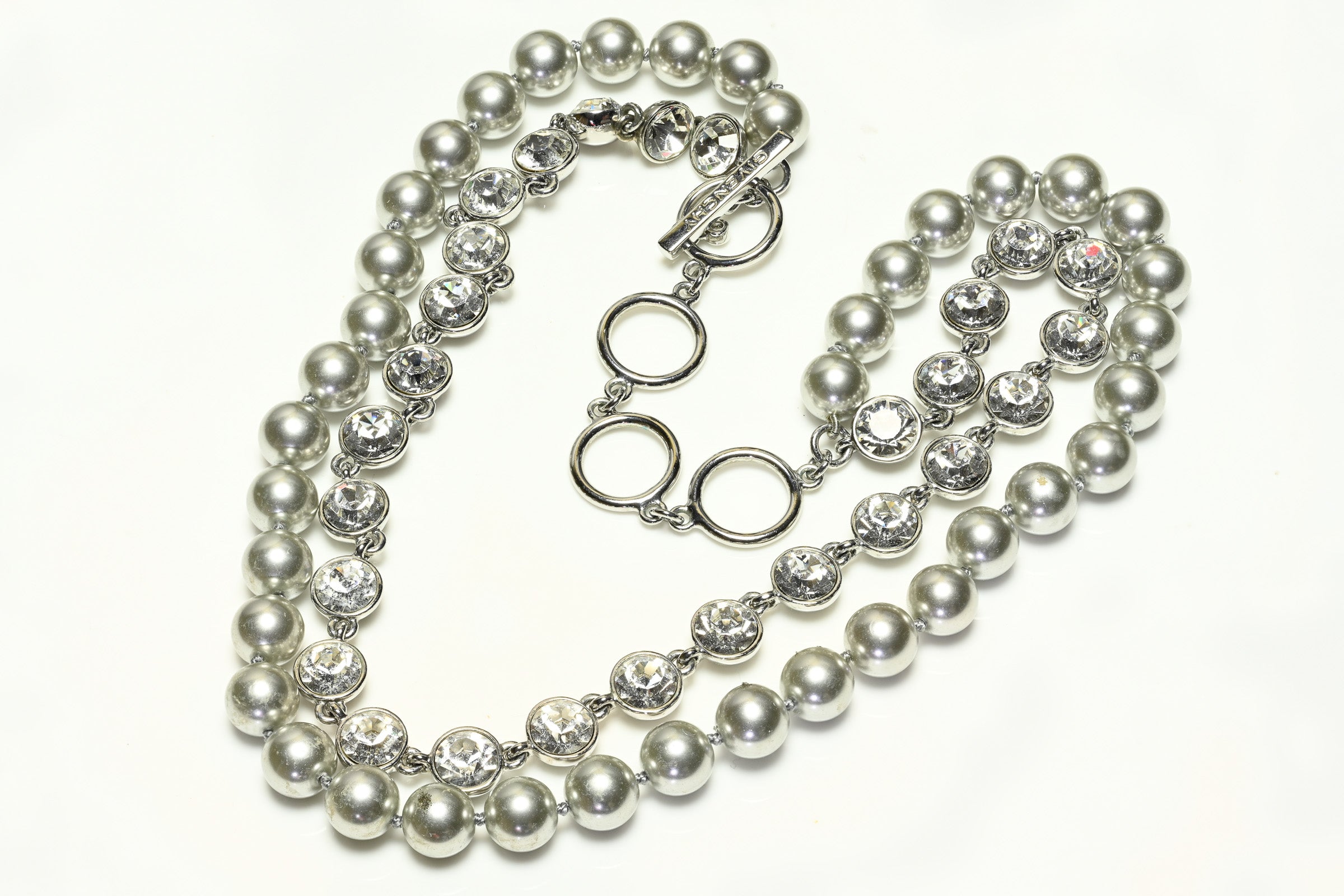 Vintage Givenchy Paris Gray Crystal Glass Pearls Double Strand Necklace