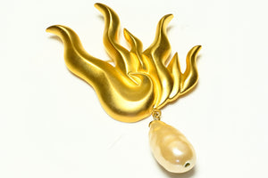 Vintage Karl Lagerfeld Paris Gold Plated Pearl Flame Brooch