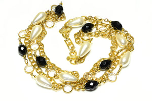 Vintage Black Crystal Pearl Chiclet Sautoir Necklace
