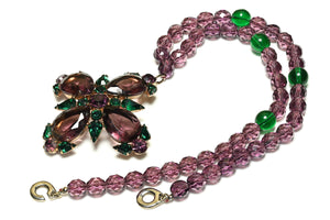 Vintage Les Bernard Purple Green Crystal Cross Pendant Necklace