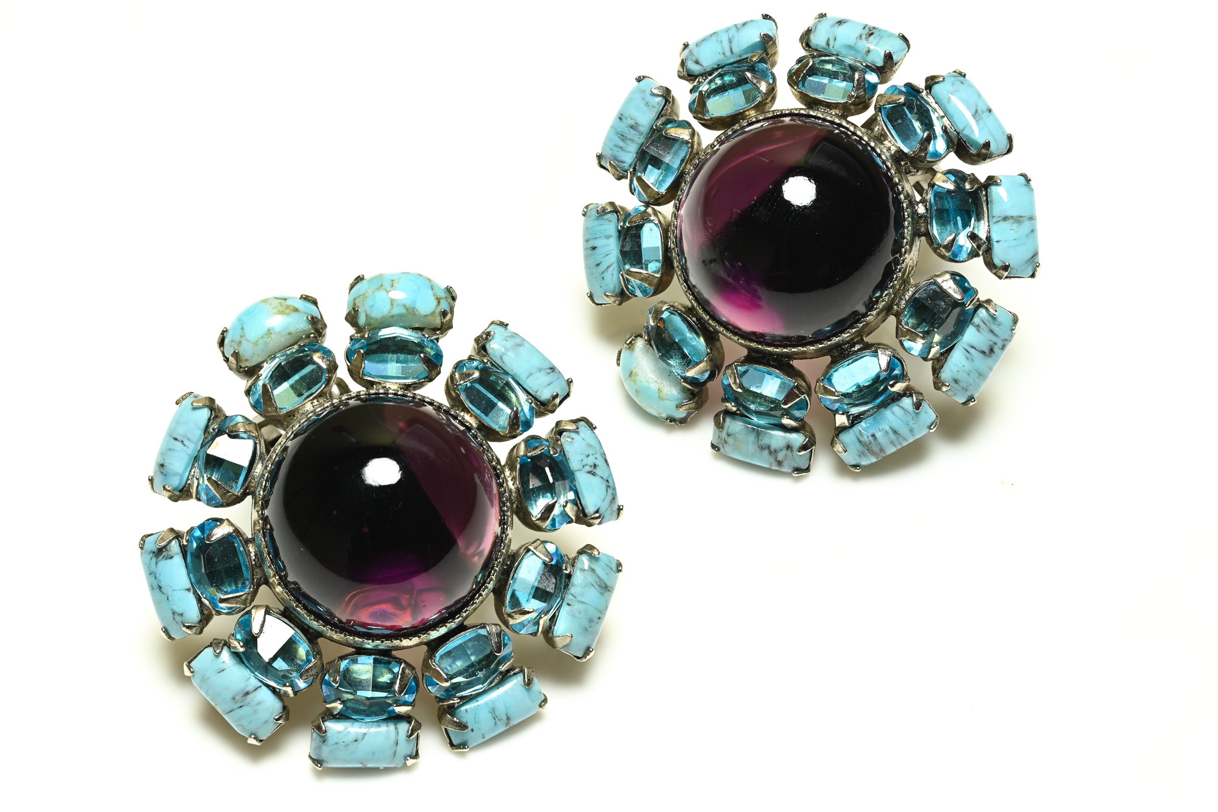 Vintage 1960's Schreiner NY Purple Blue Crystal Large Earrings