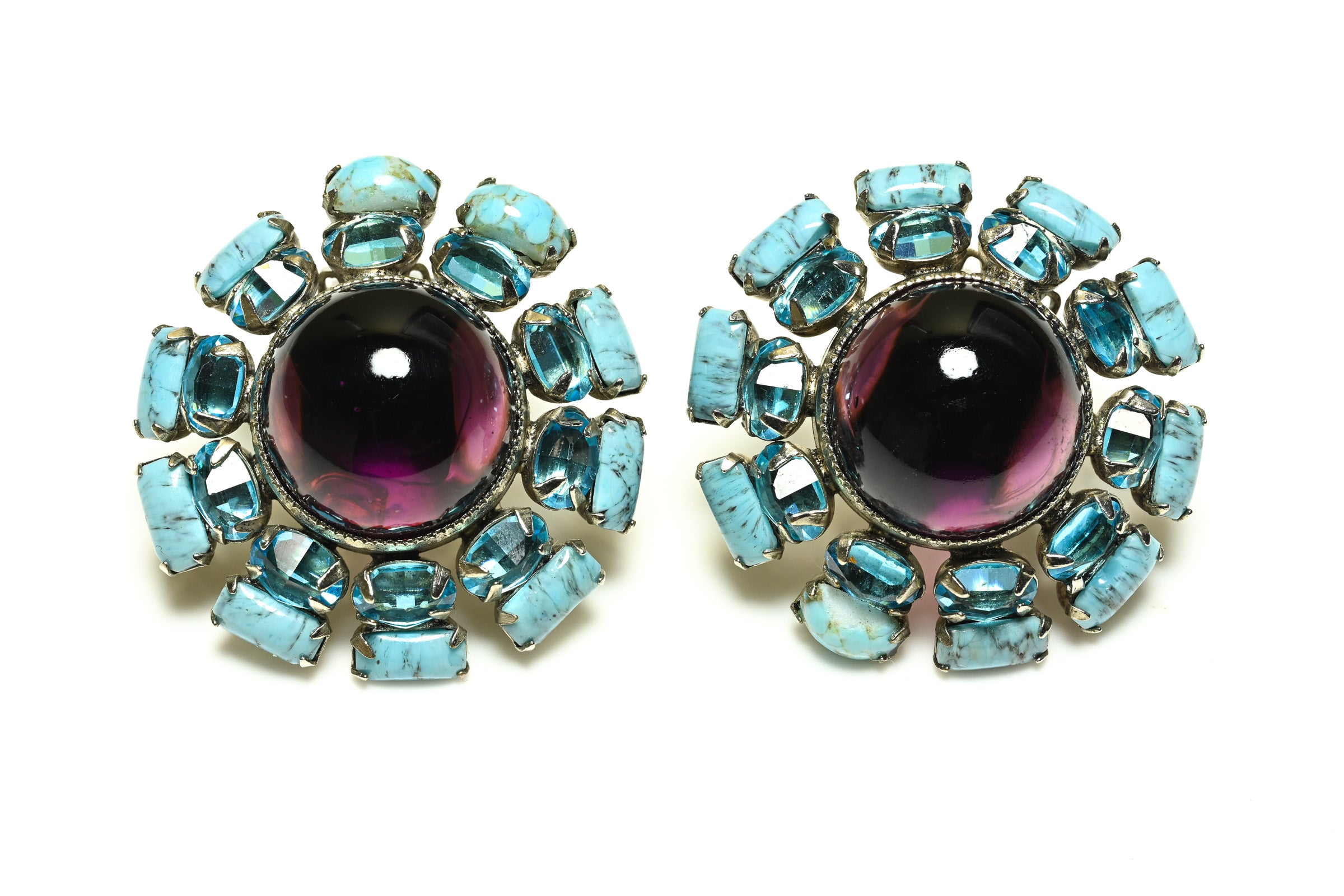 Vintage 1960's Schreiner NY Purple Cabochon Blue Crystal Large Earrings