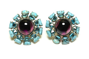 Vintage 1960's Schreiner NY Purple Cabochon Blue Crystal Large Earrings