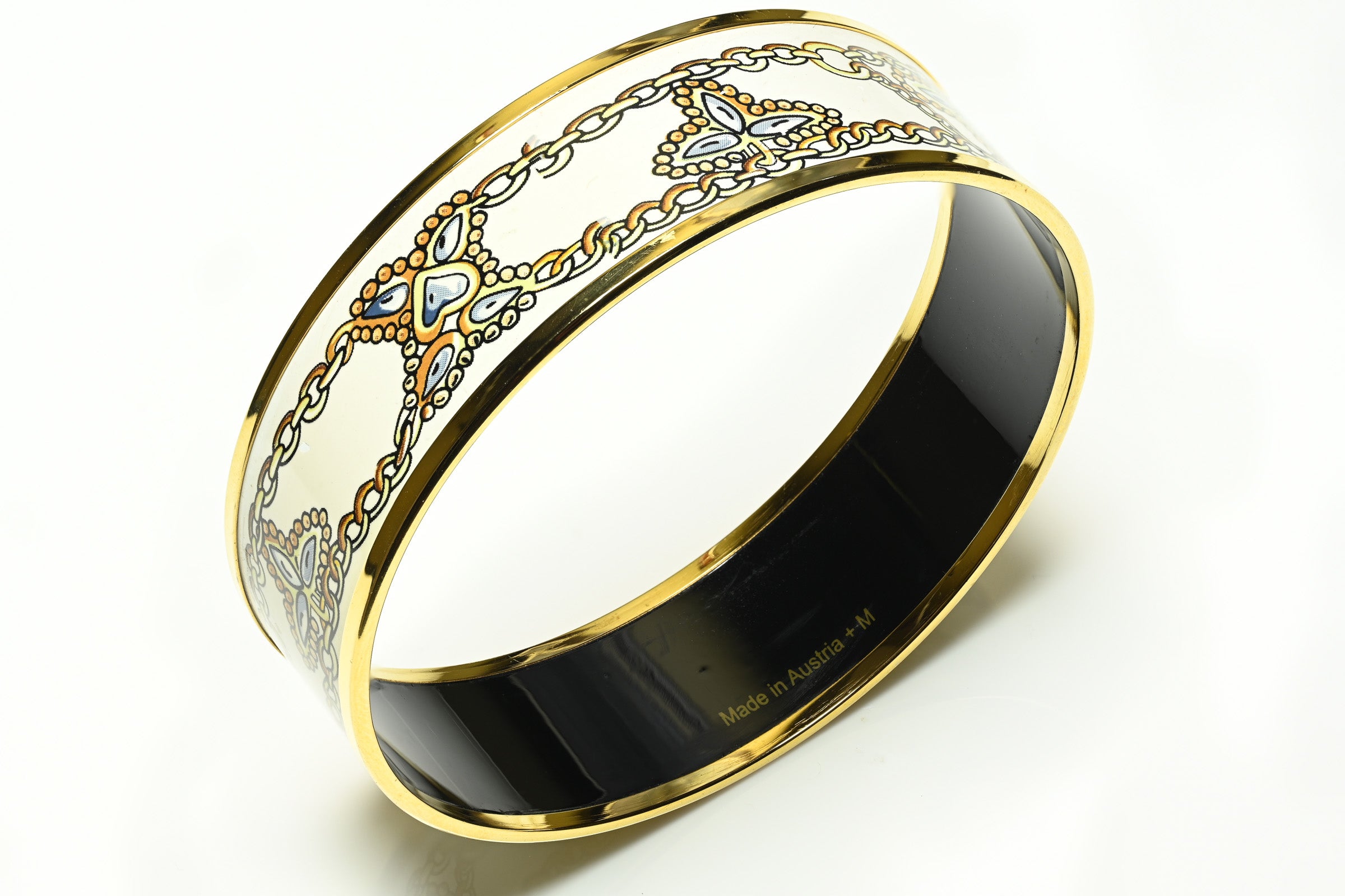 Hermes Paris Gold Plated White Blue Enamel Chain Bangle Bracelet