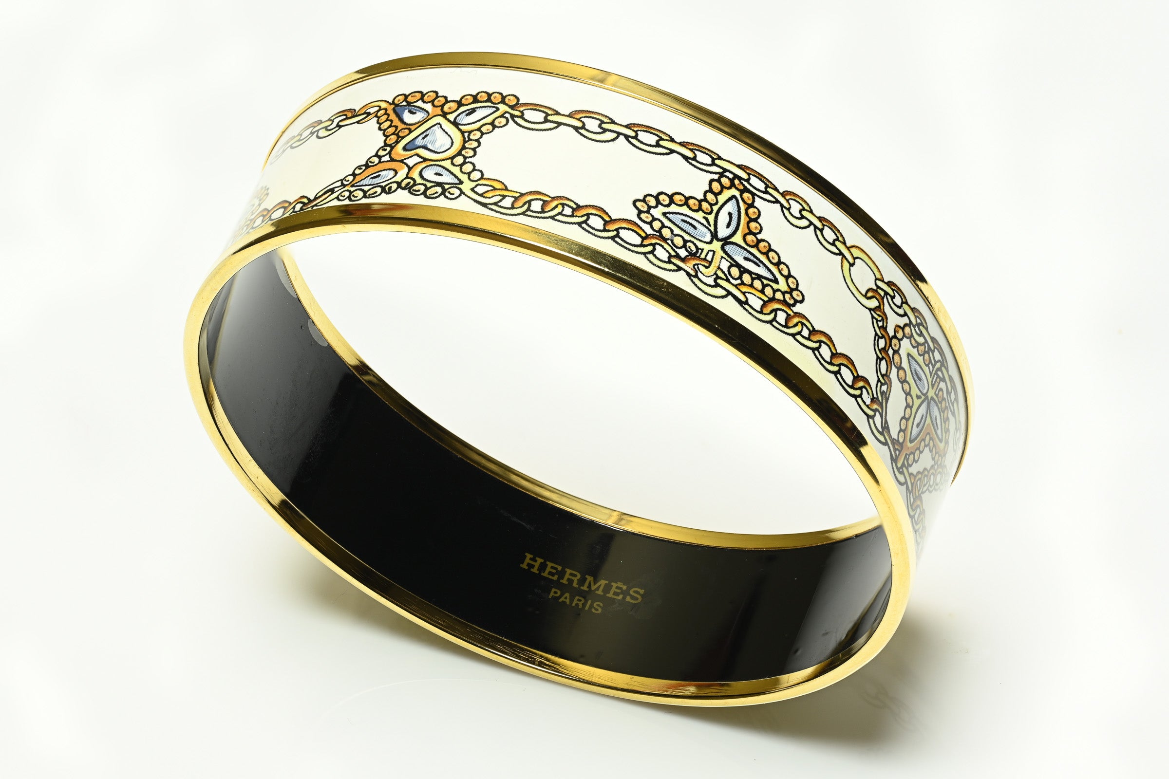 Hermes Paris Gold Plated White Blue Enamel Chain Bangle Bracelet